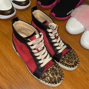 CHRISTIAN LOUBOUTIN Red Suede With Spike High Top Sneaker 37.5